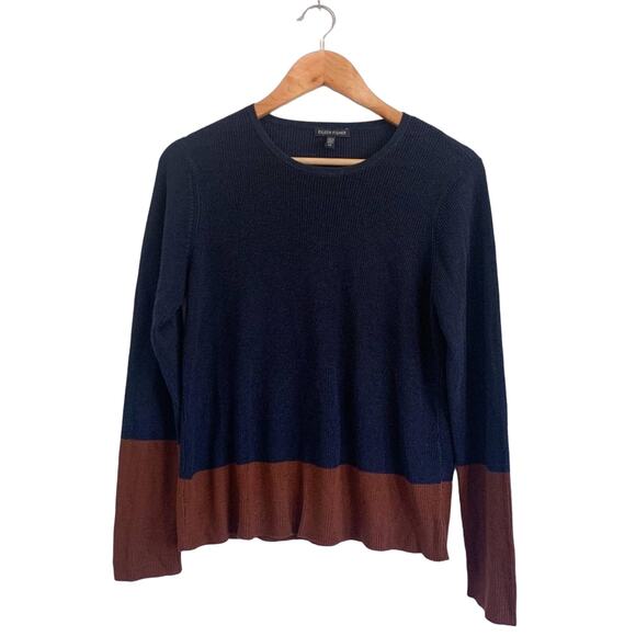 Eileen Fisher Colorblock Tencel Silk Blend Long Sleeve Sweater Navy Brown Small - Picture 2 of 7